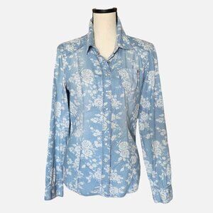 Guess Floral Denim Snap Button Shirt Coastal Cowgirl Western Floral Sz S